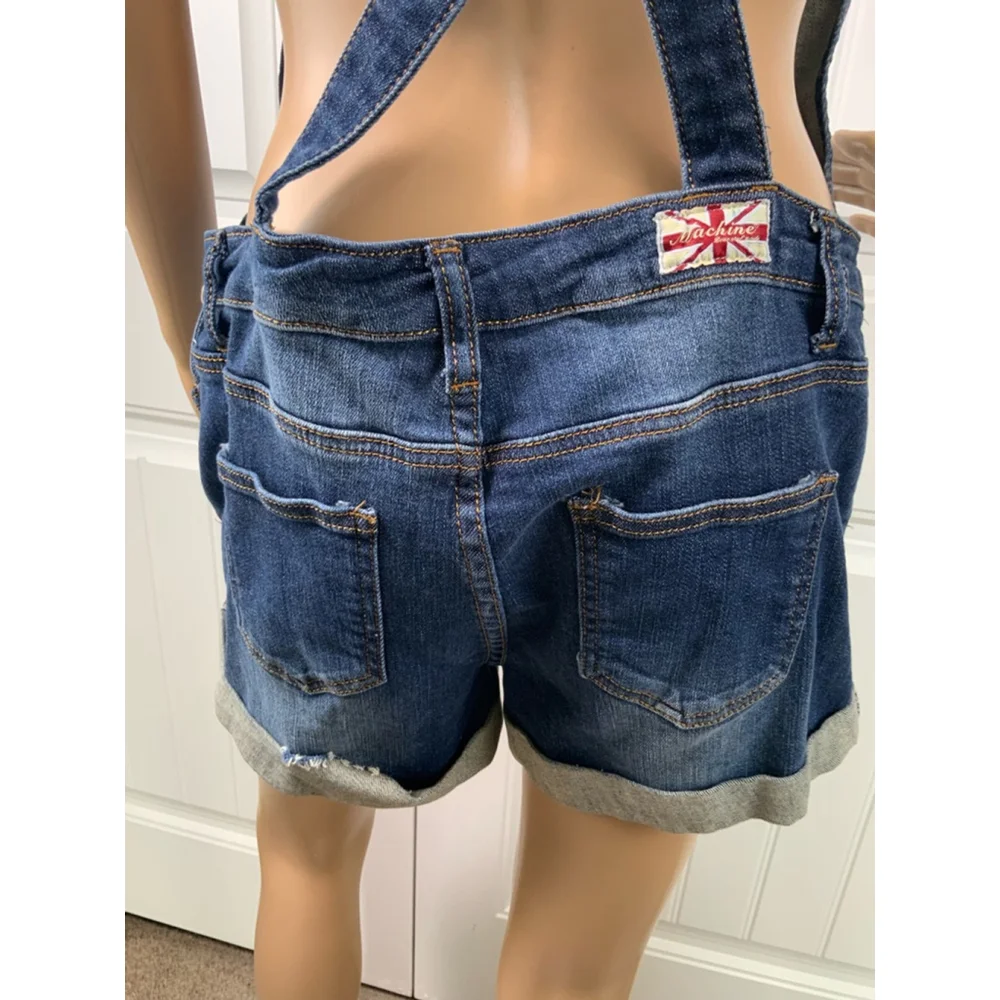 Machine Dark Wash Denim Overalls Shorts‎ Blue Distressed Lg Cabincore Fisherman